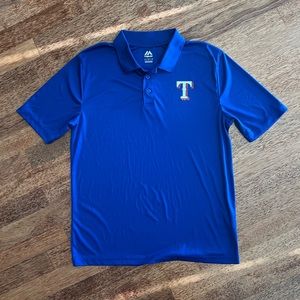 Texas Rangers Polo Shirt Short Sleeve Blue Majestic Big T Mens Large EUC